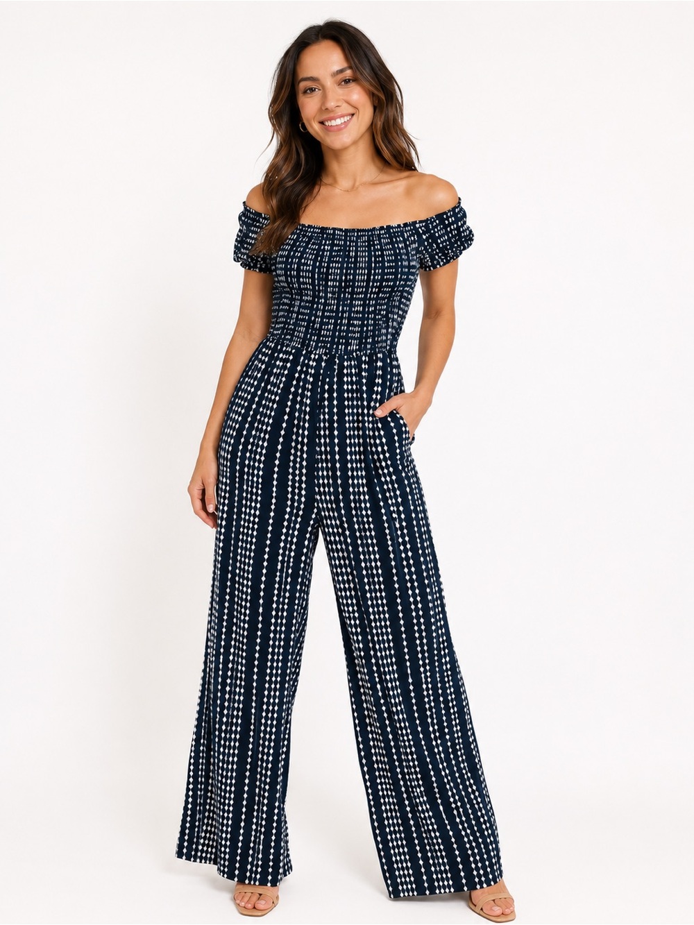 Off-Shoulder Navy and white Wide Leg Jumpsuit